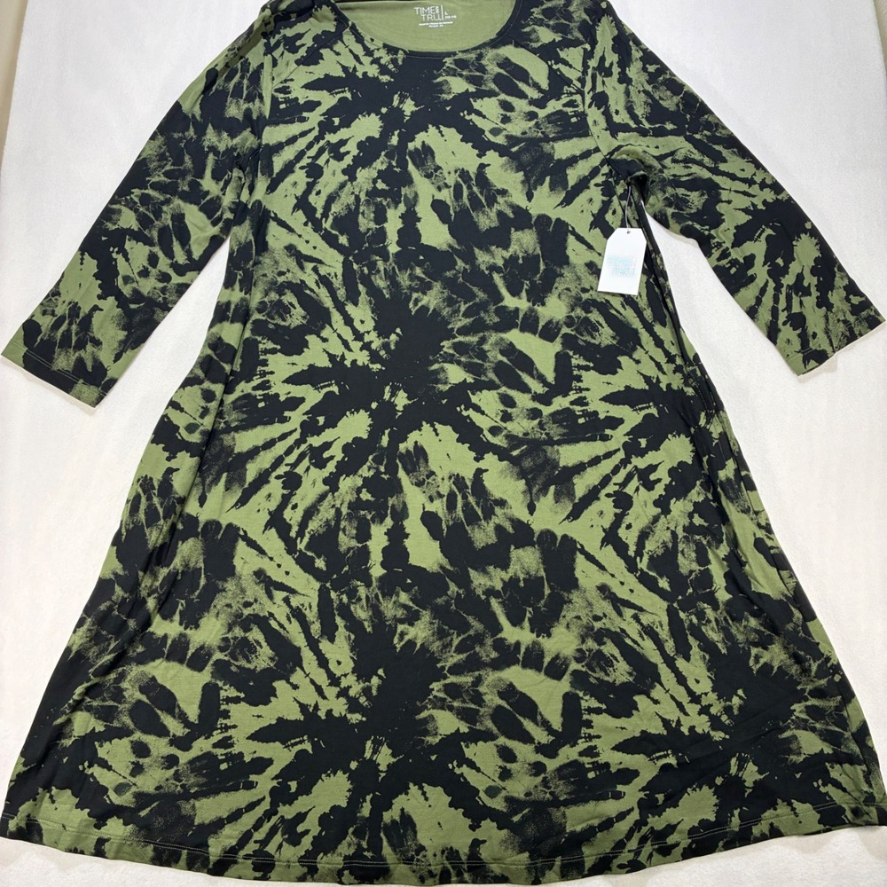 Boho Womens Knit Dress Large Green Black Tie Dye 3/4 Sleeve Sea Turtle Splotch